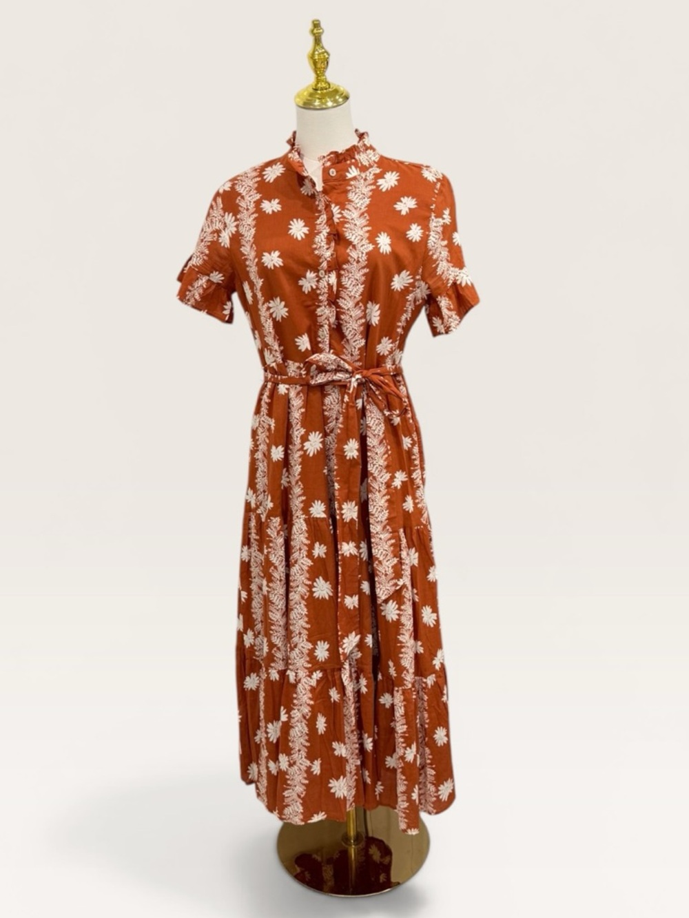 J. Marie Aubrey Burnt Orange Floral Button Up Belted Cotton Midi Dress NWT $180 - Picture 5 of 16